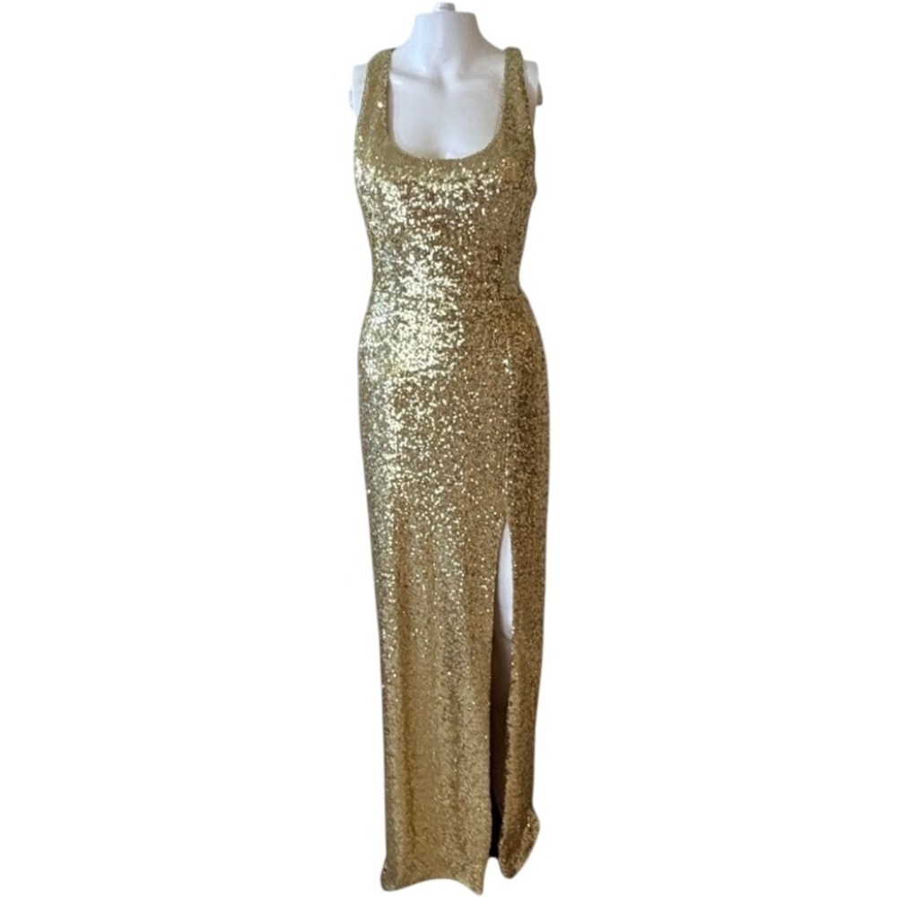 B. Darlin Gold Sequin Maxi Dress Open Back Side Slit Formal Evening Gown Glam